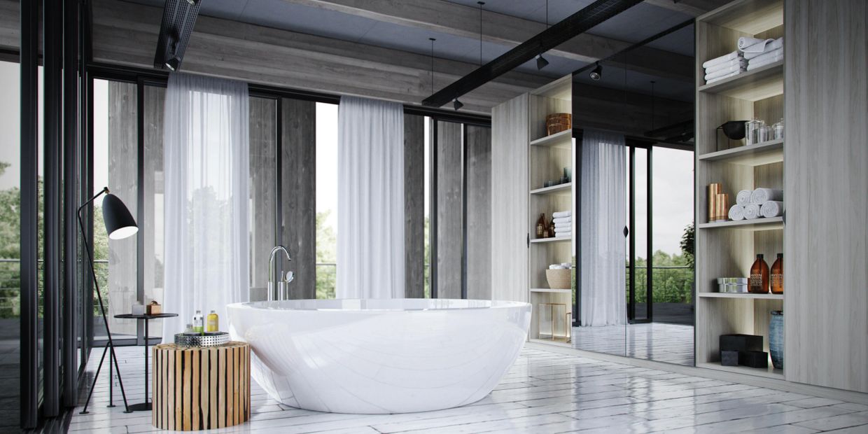 Beautiful industrial modern bathroom with bath and tile floors produced by Moonshot Rocket