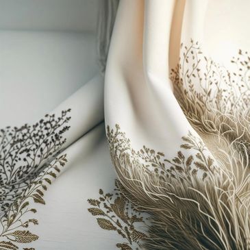 Elegant cream fabric with delicate brown floral embroidery and fringed edges.