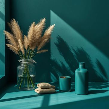 Decorative dried pampas grass, teal candle, and bottle with beige cloths on teal surface.