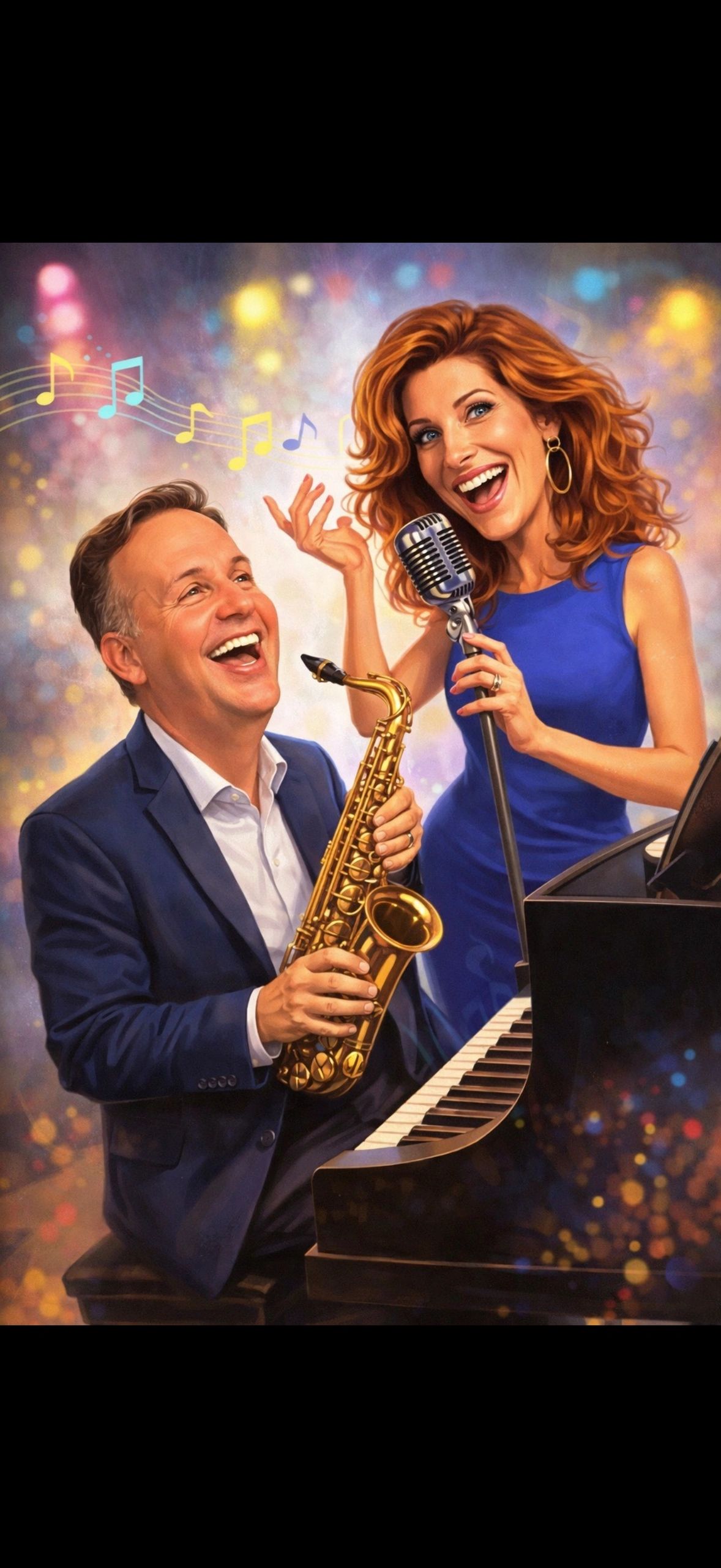 A joyful couple plays saxophone and sings with piano in vibrant setting.