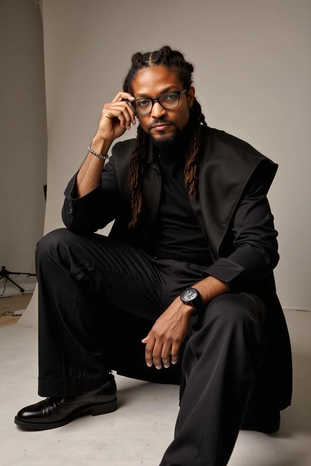 Man with glasses in stylish black outfit posing confidently.