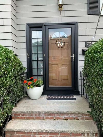 Front wood door with a glass storm door