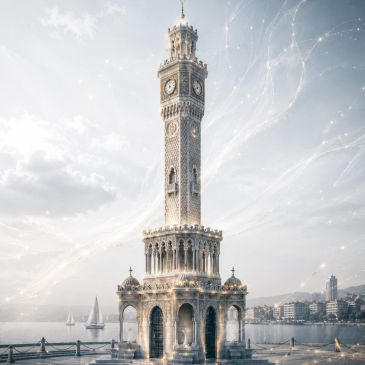İzmir Saat Kulesi güzel bir günle parlıyor.