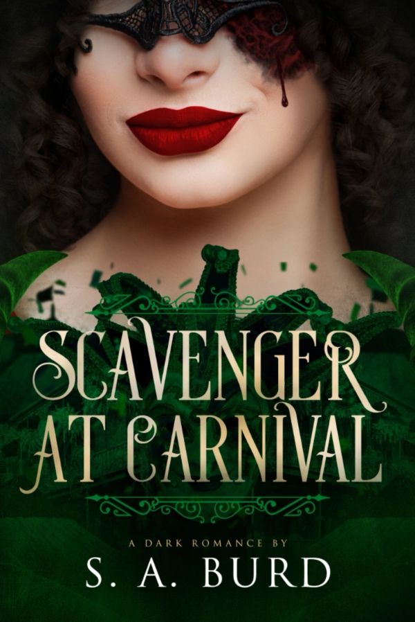 A dark romance book cover featuring a mysterious woman with red lips and lace over her eyes.
