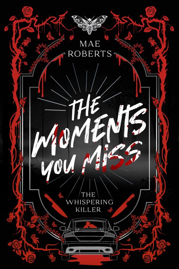 Dark thriller book cover with blood-red roses, knives, and a car silhouette.