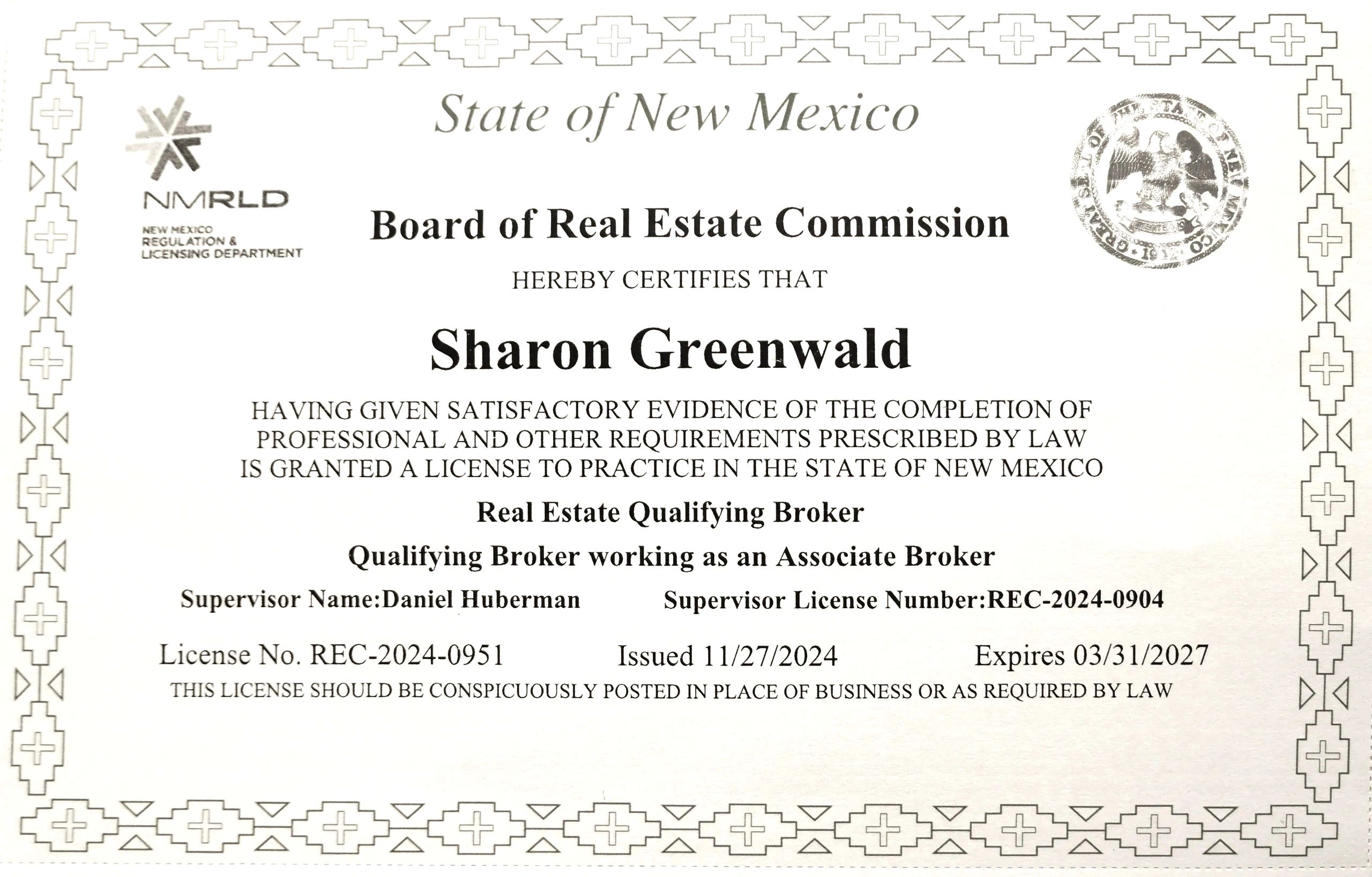 Sharon Greenwald's Qualifying Broker License.