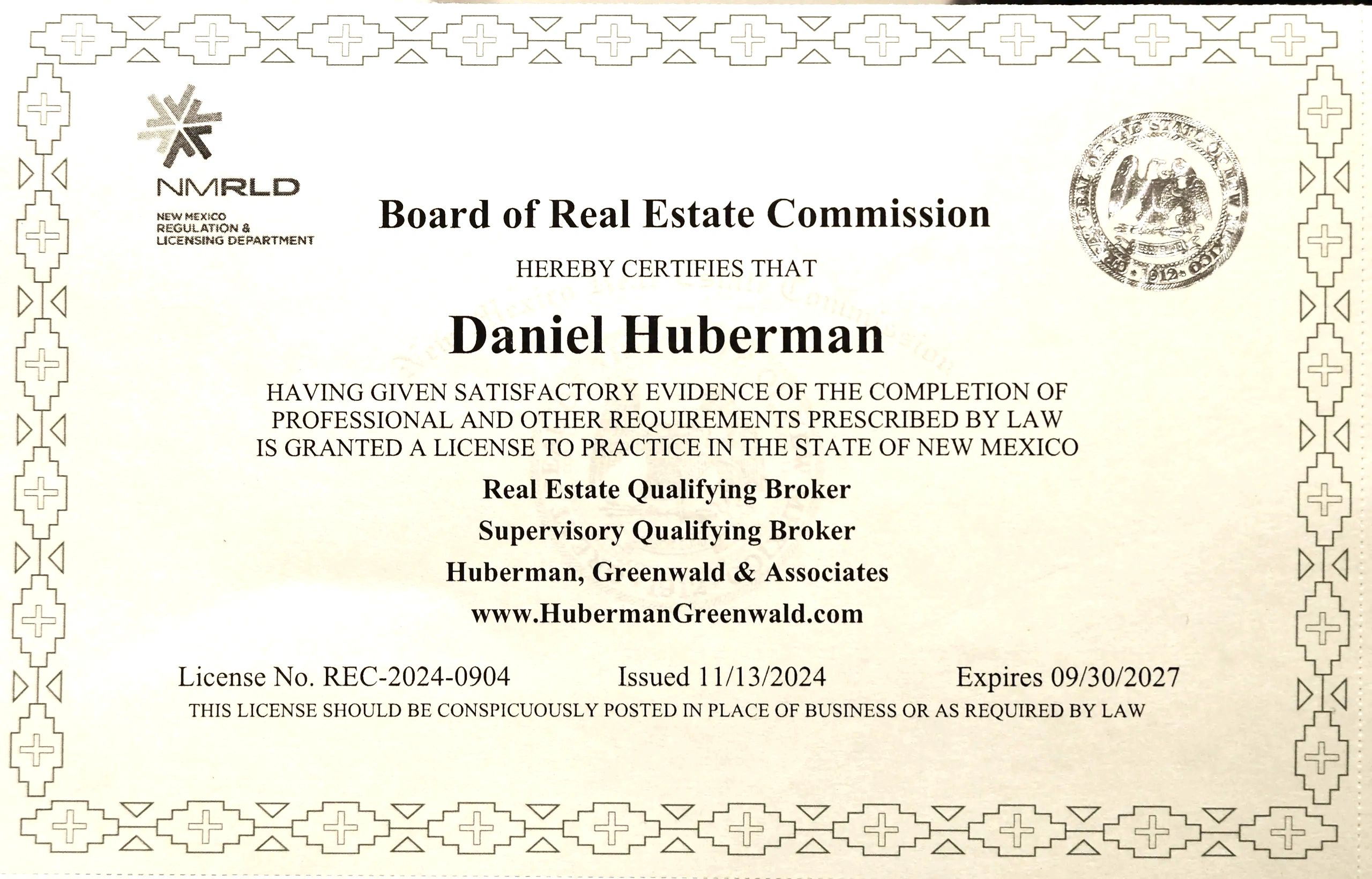 Daniel Huberman's Qualifying Broker License