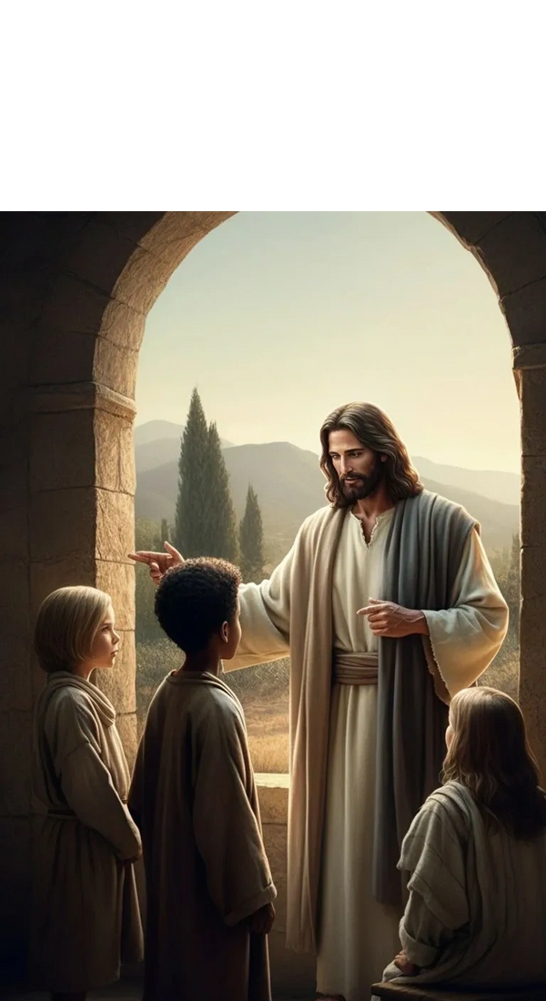 Jesus teaching children under an ancient stone archway with a scenic background.