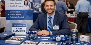 Smiling man at a business booth promoting services with branded items.