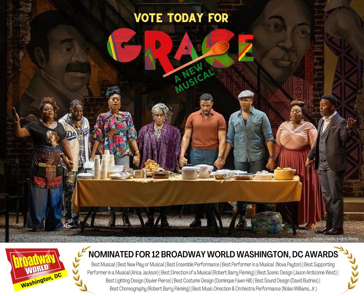 Cast of the musical Grace standing behind a table, holding hands.
