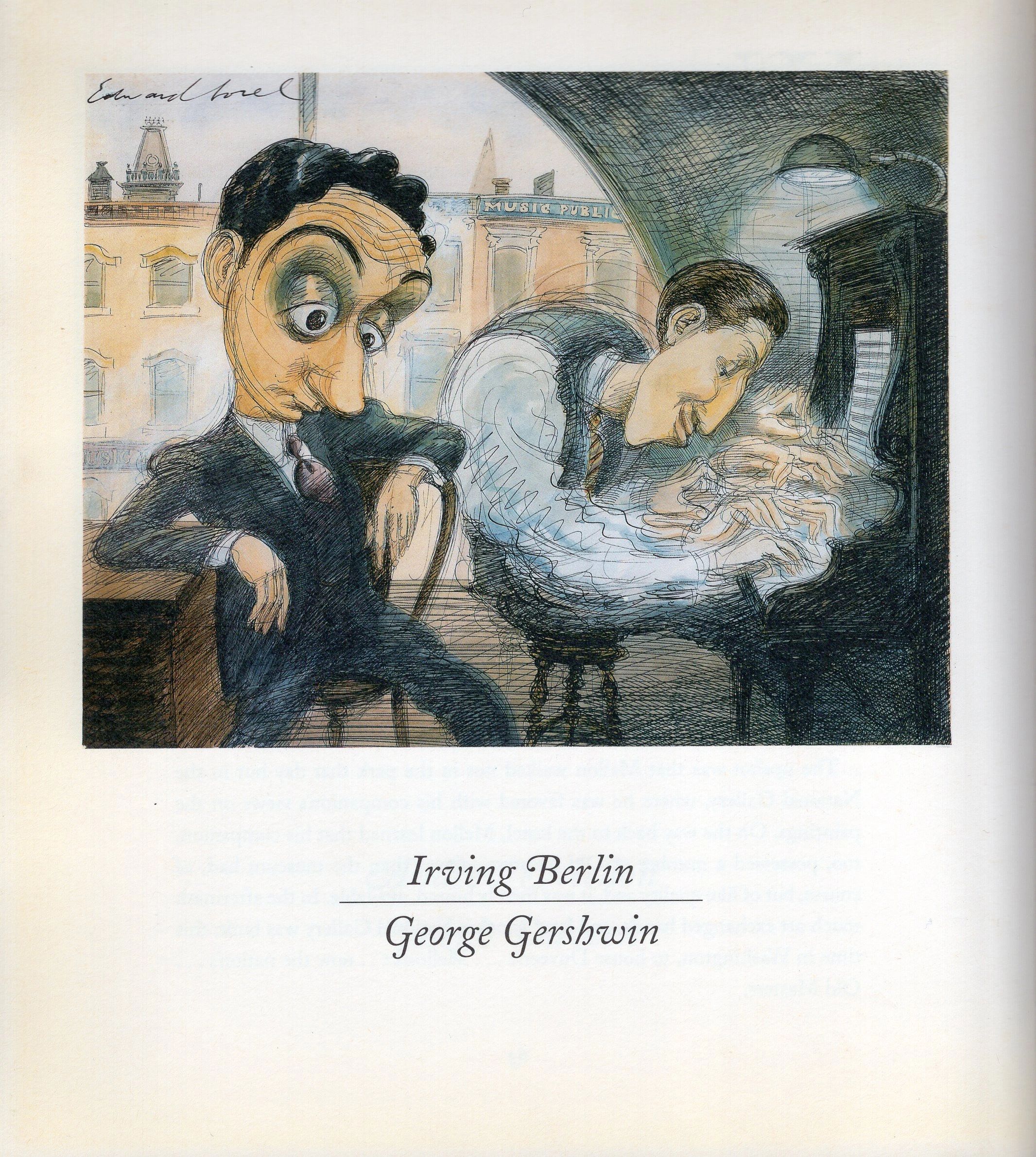 Caricature of Irving Berlin watching George Gershwin play piano.