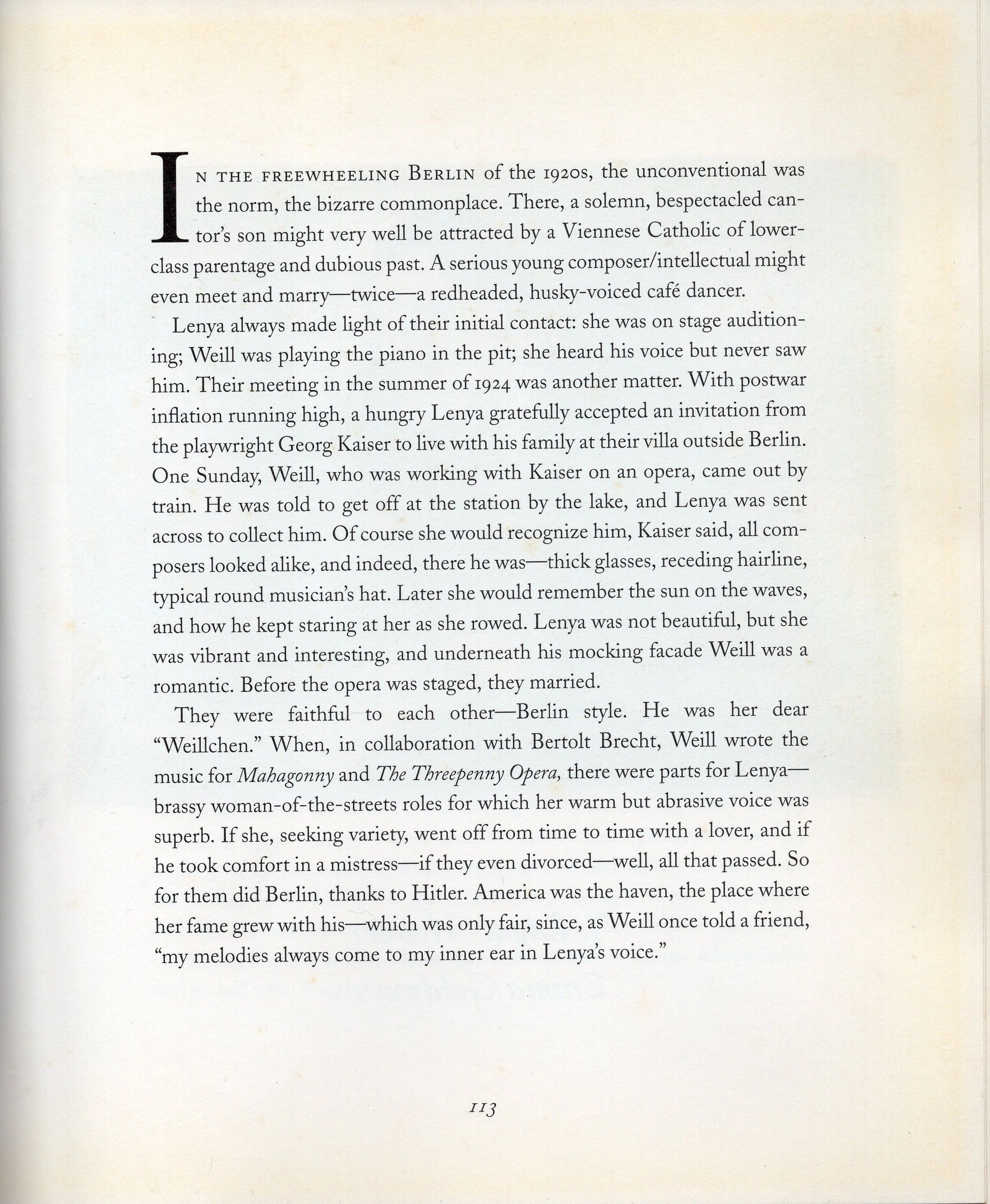 Page from a book describing a 1920s Berlin love story between a composer and a café dancer.