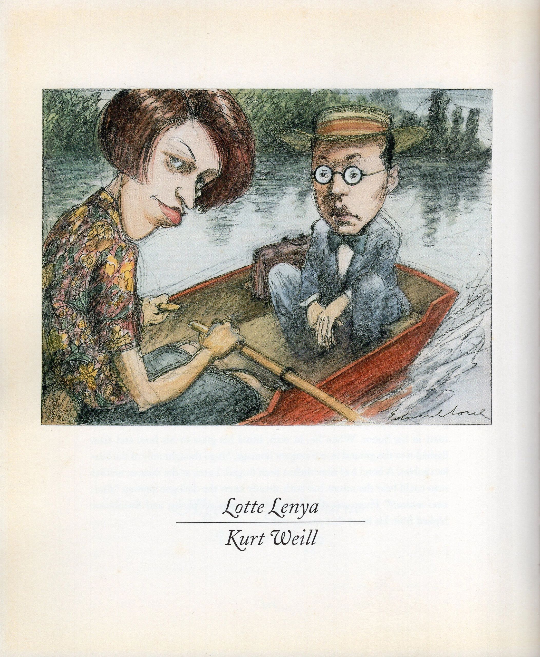 Caricature of a man and woman in a boat, titled Lotte Lenya and Kurt Weill.