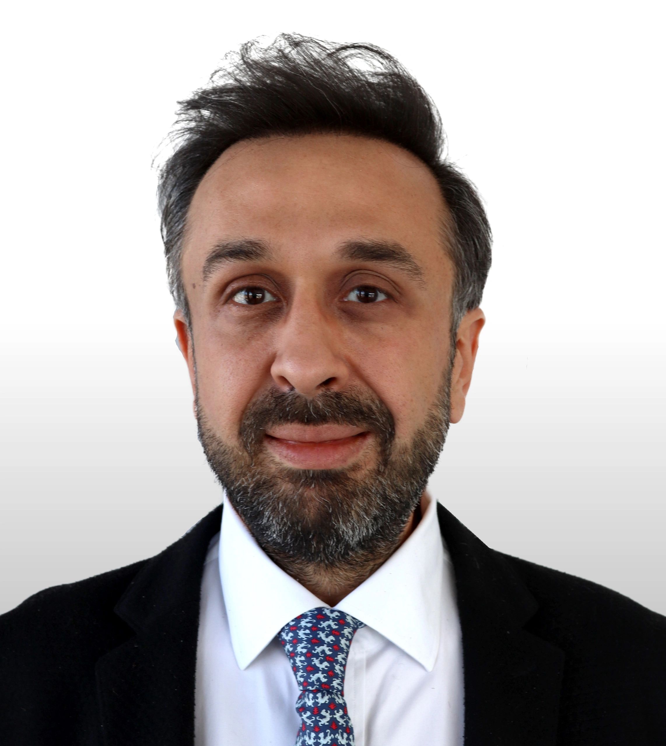 Close-up portrait of a man with a beard and patterned tie against a white background.