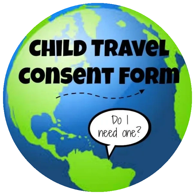 Globe illustration with text about child travel consent forms and a speech bubble asking if one is needed.