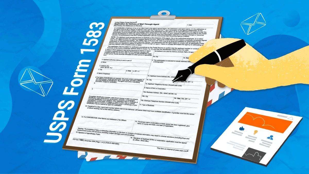 Illustration of USPS Form 1583 being filled out with a fountain pen.