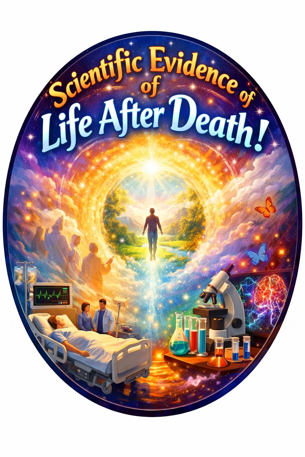 Illustration depicting scientific exploration of life after death with a patient, doctors, and a glowing portal.