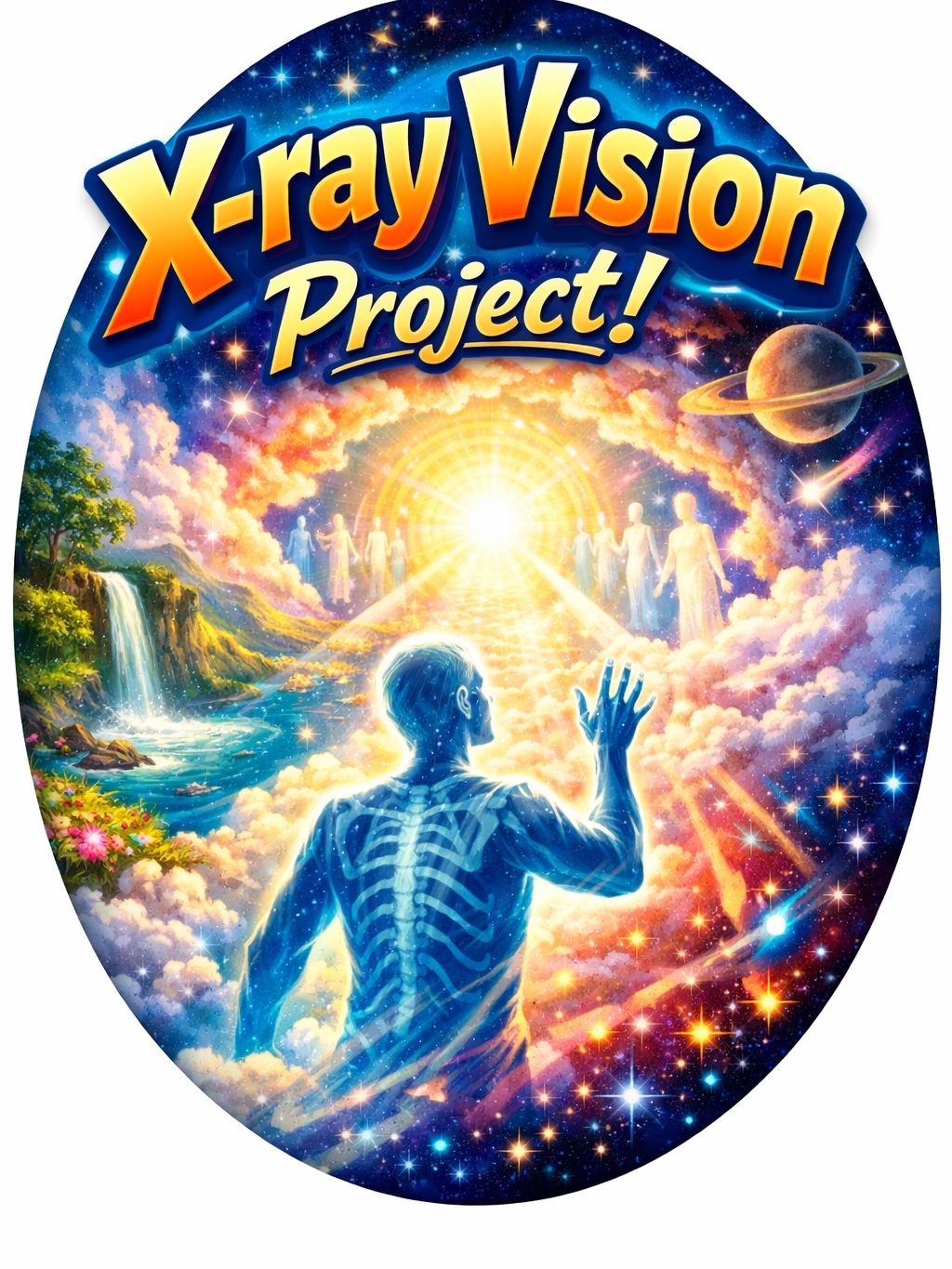 A cosmic scene with an x-ray skeleton figure reaching towards radiant figures and celestial bodies.