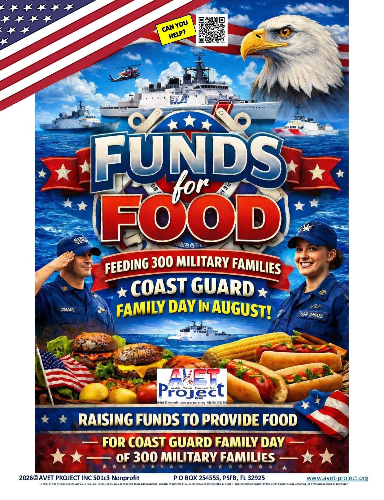 Fundraiser poster for Coast Guard Family Day feeding 300 military families with food.
