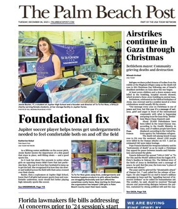 The Palm Beach Post front-page article was published on December 26, 2023, with Jessie Baxter Ta Ta 