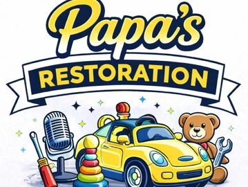 Logo for Papa's Restoration featuring car, toys, and tools.