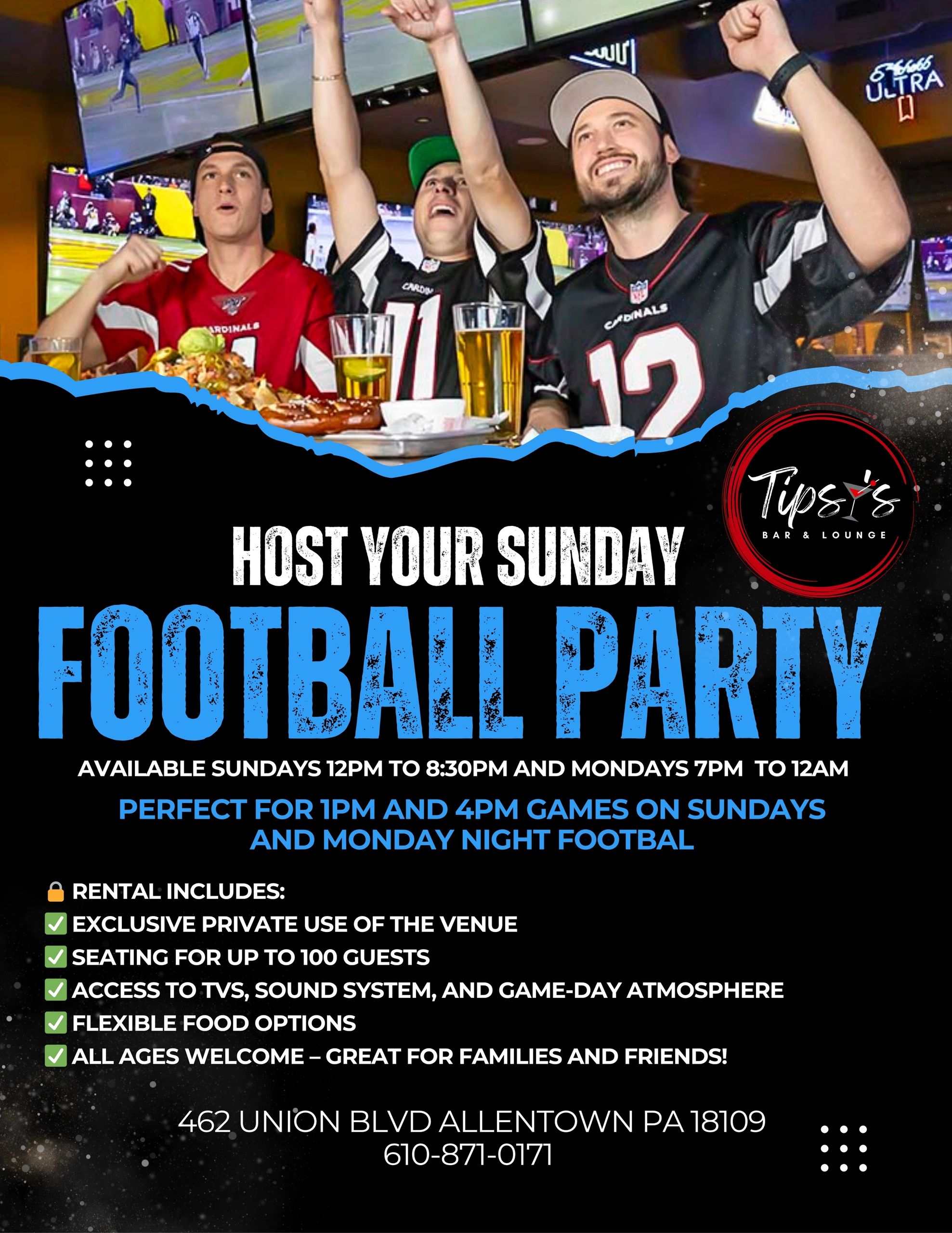 Flyer promoting Sunday and Monday football parties at Tipsy’s with private rental options.