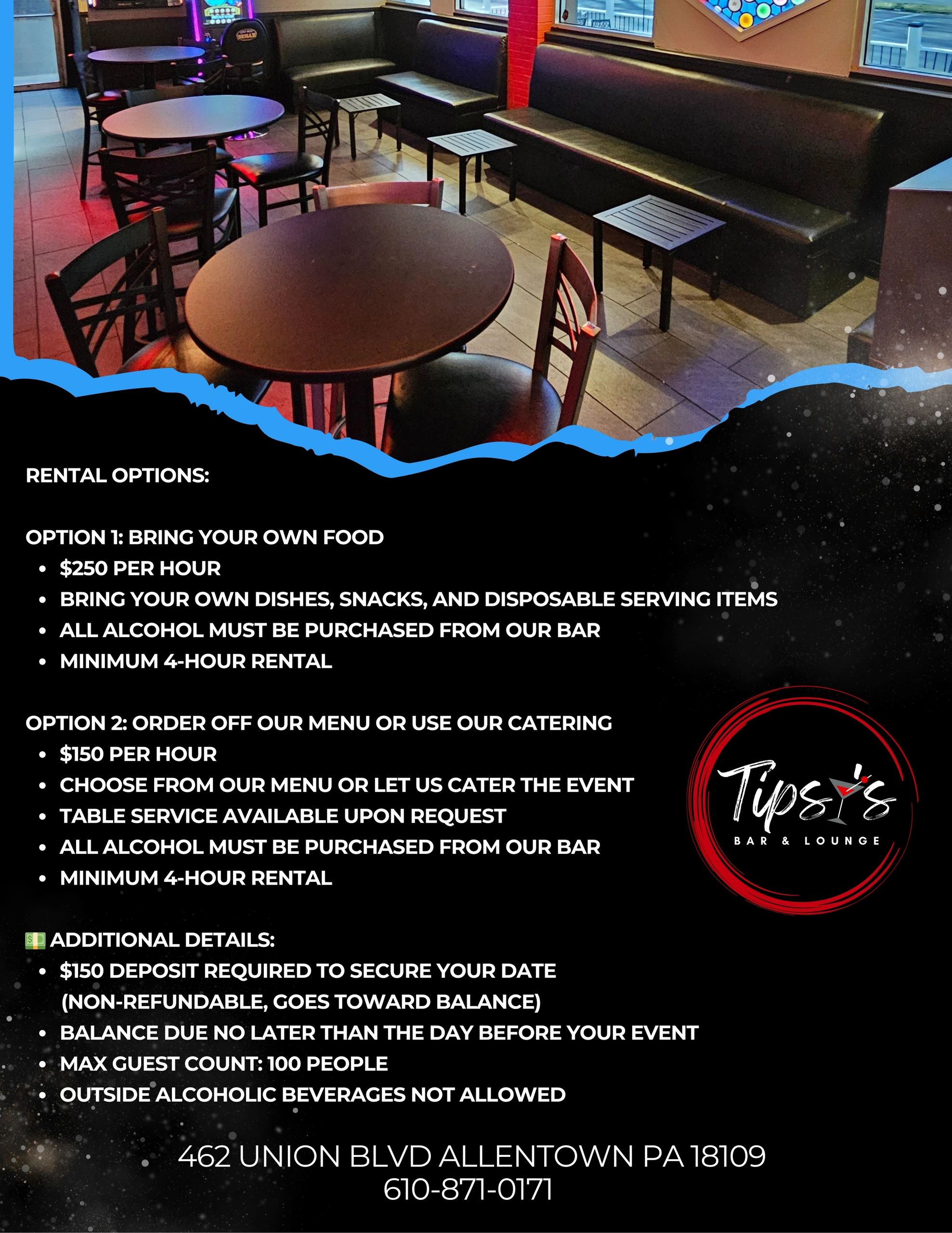 Flyer promoting Sunday and Monday football parties at Tipsy’s with private rental options.