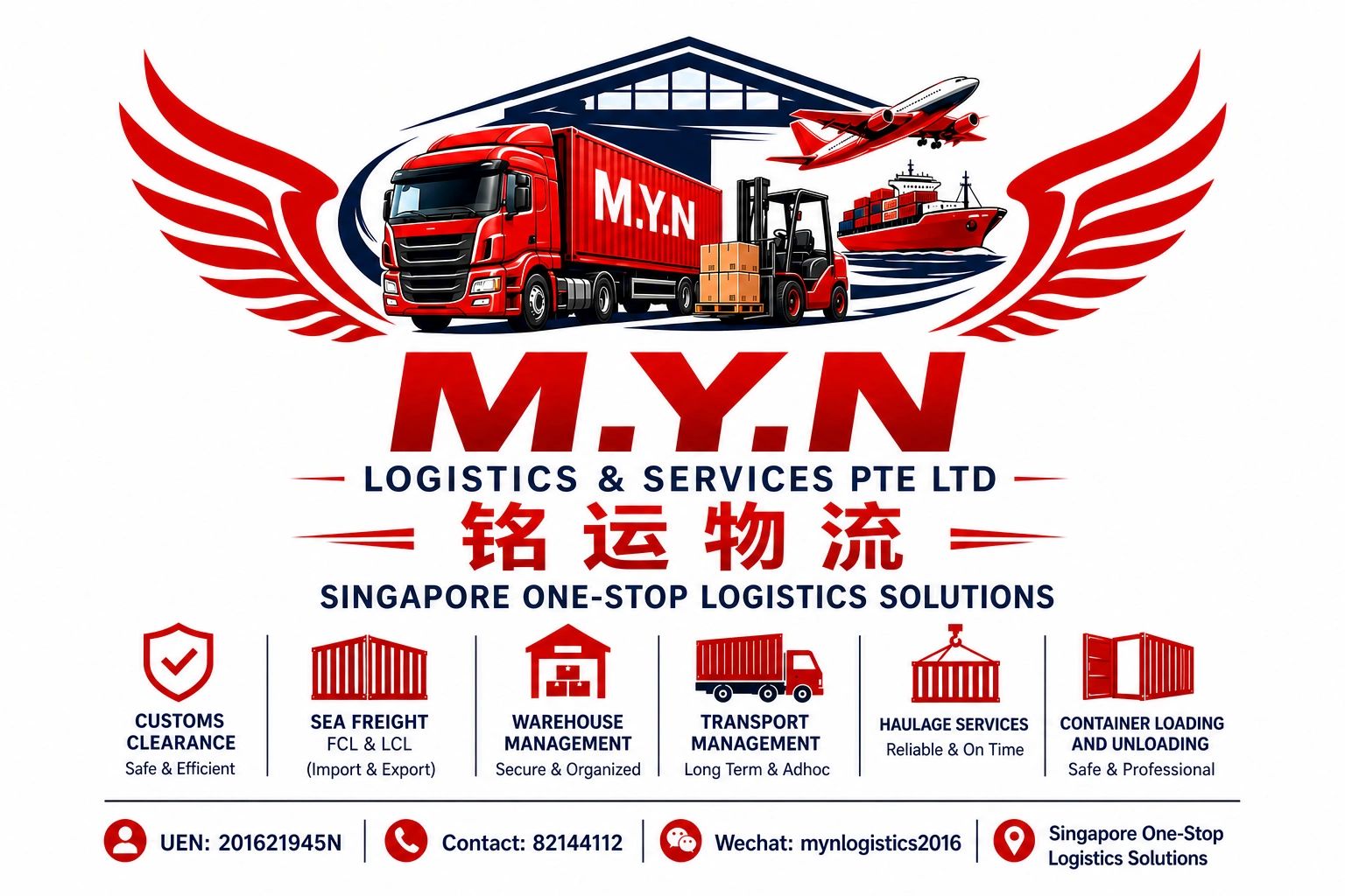 Logo and services of M.Y.N Logistics & Services Pte Ltd, a Singapore-based logistics company.
