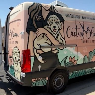 Mobile pet spa van with dog illustration and business contact details.