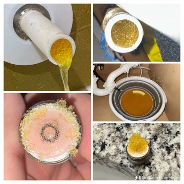 Images showing yellowish granular buildup inside pipes.