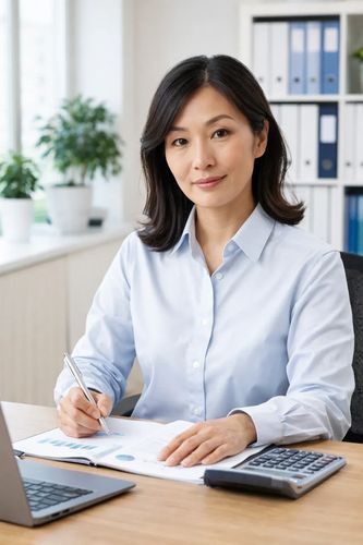 Professional accountant working on financial documents at her desk.