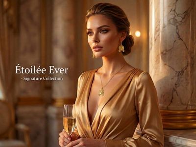 Elegant woman in gold satin dress holding a champagne glass in a luxurious setting.