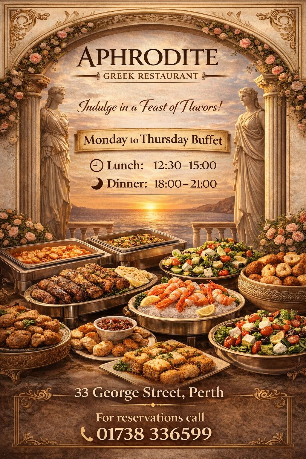 A buffet advertisement for Aphrodite Greek Restaurant with various Greek dishes and operating hours.