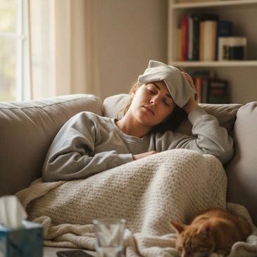 A woman resting on a couch with a hot compress and a cat beside her.