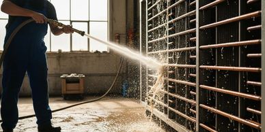 Worker cleaning industrial equipment with high-pressure water hose.