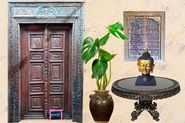 Antique Carved door, pot, the colonial round table, the buddha or the brass studded window, pick all