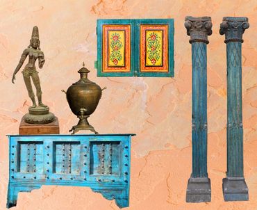 Antique chola style  tribhanga Parvati, the painted temple window, pillars, console & samovar