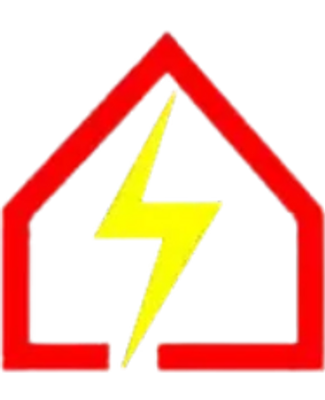 Red house outline with a yellow lightning bolt inside.