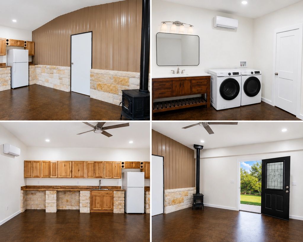 Modern multi-room interior with kitchen, laundry, and wood stove.