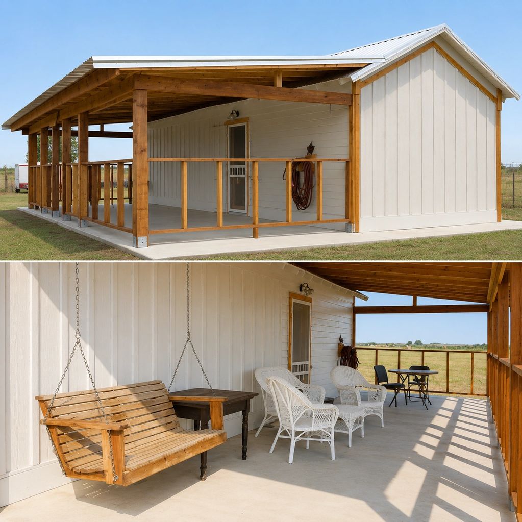 Covered porch with wooden swing and white wicker chairs on a sunny day.