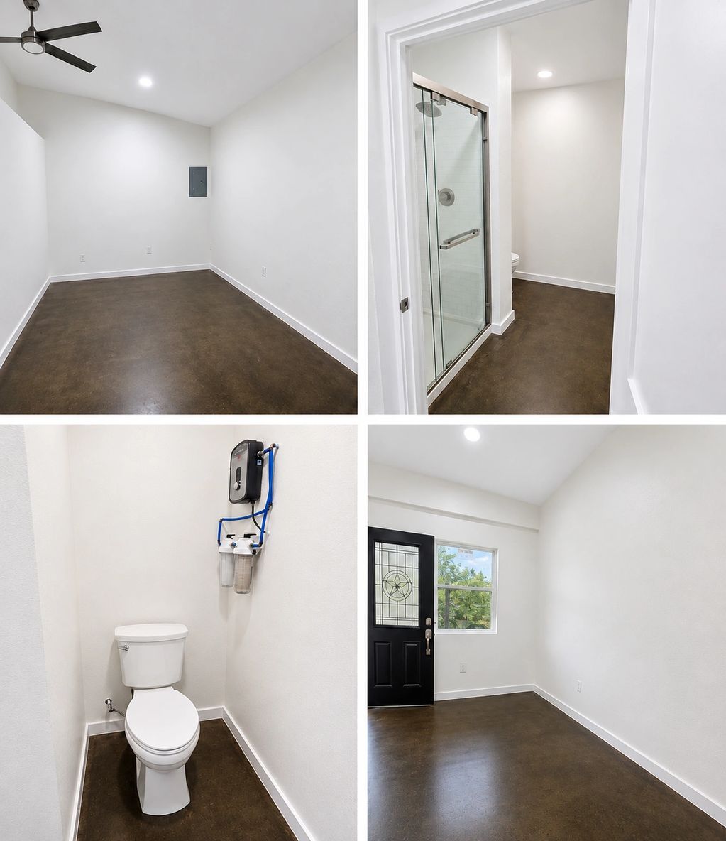 Minimalist rooms with dark floors, white walls, and modern fixtures.