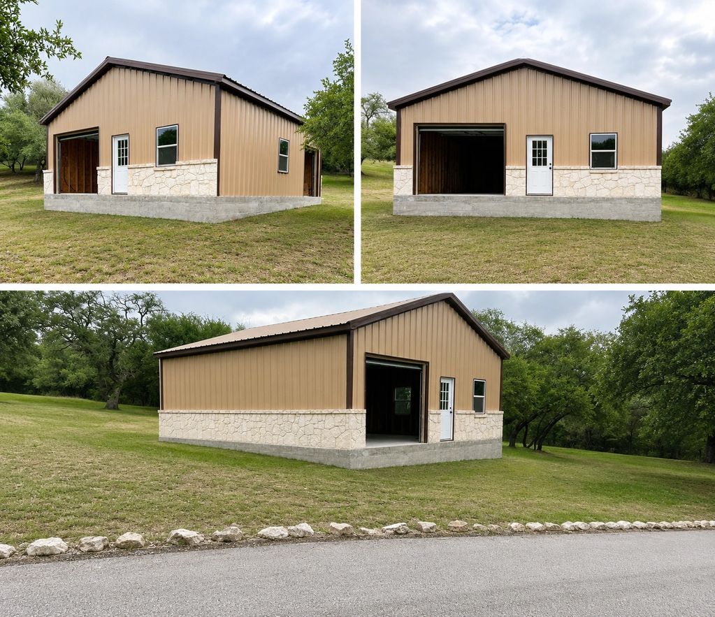 Metal building with stone accents and garage space on a grassy lot.