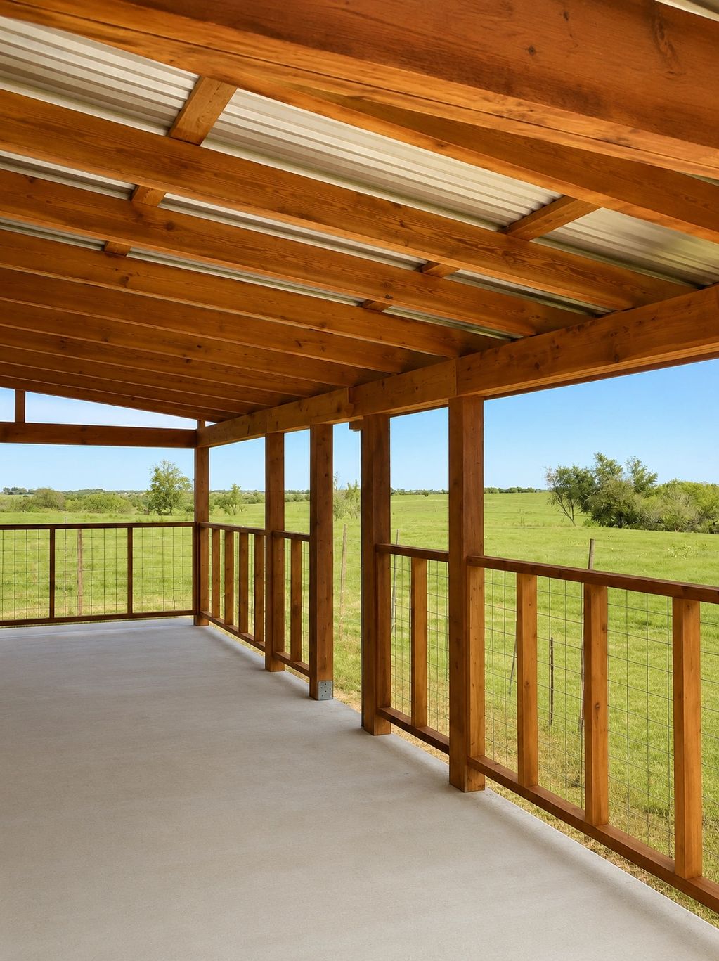 Wooden porch overlooking a green field under a clear blue sky.