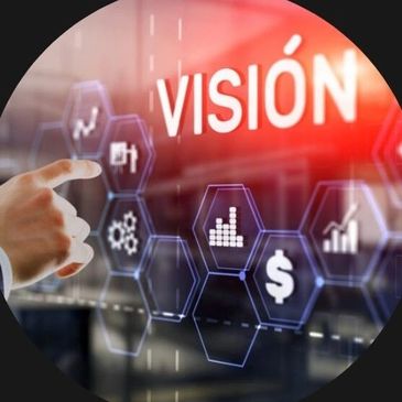 Hand pointing at digital icons with the word 'VISIÓN' highlighted in red.