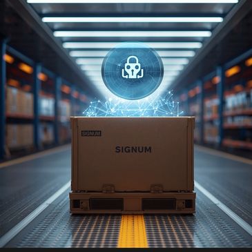 A secure package with a digital lock symbol in a futuristic warehouse.