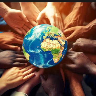 Diverse hands encircling a globe symbolizing unity and global cooperation.