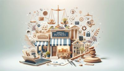 Image of a generic small business storefront with legal memorabilia surrounding it.