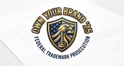 Own Your Brand '25 logo with bald eagle and stamp on American flag crest.