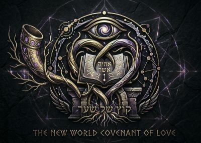 Mystical emblem with Hebrew text, an eye, and a book symbolizing the covenant of love.