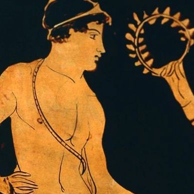 The Order of Zeal picture from Greece in a black and gold drawing showing a wreath on a man's head.